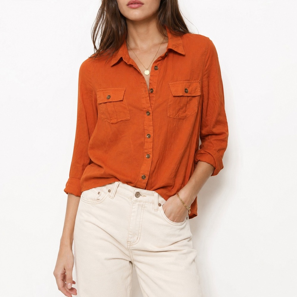 Mine Button Up Blouse Women Medium Orange Long Sleeve Point Collar Front Pockets
